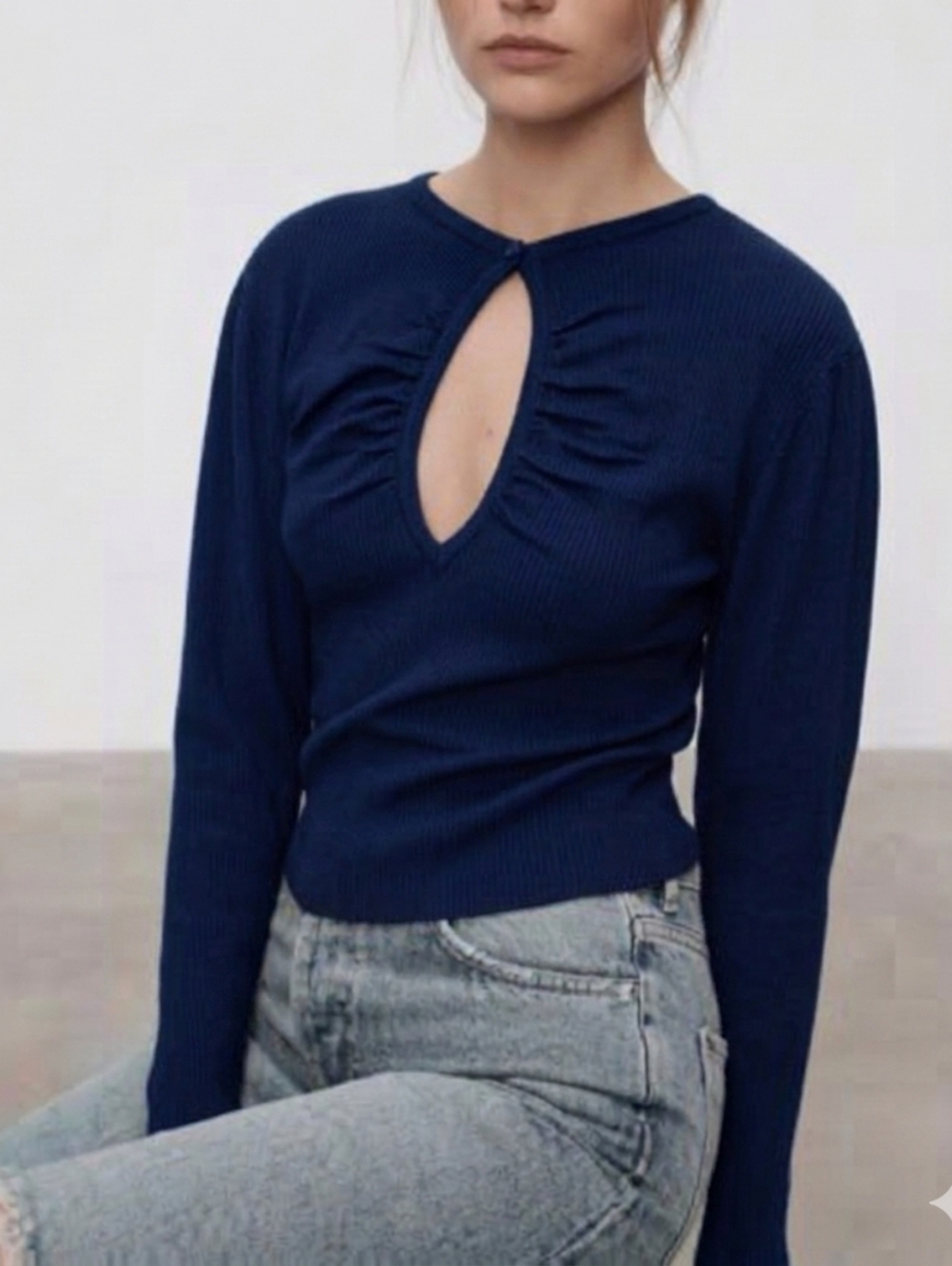 Zara Knit Jumper Navy Blue Cut Out Keyhole  Sweater Large #169 Feminine Preppy